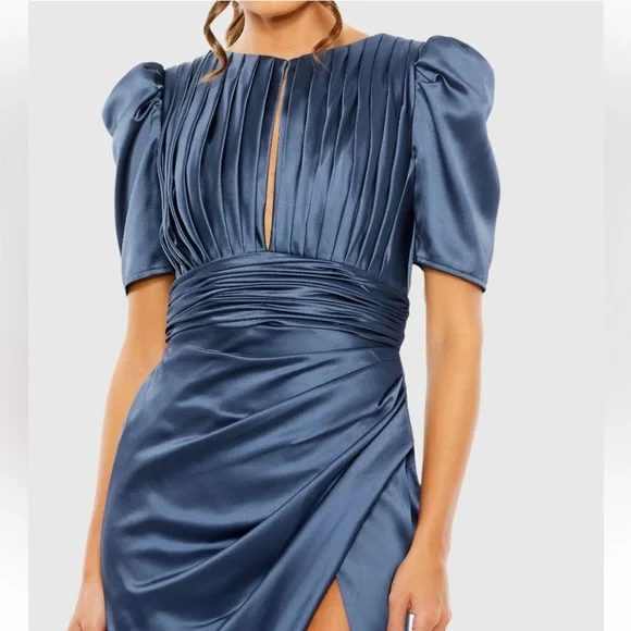 Mac Duggal Silky Pleated Maxi Dress Puff Sleeve Draped Slit Wedding Guest - Picture 3 of 12